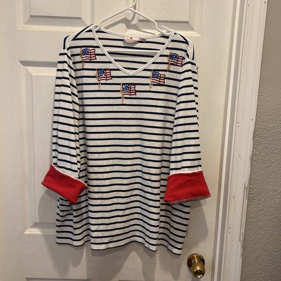 Quaker Factory Striped Patriotic V-Neck 3X Sequin Flags America Red White Blue - Picture 1 of 8